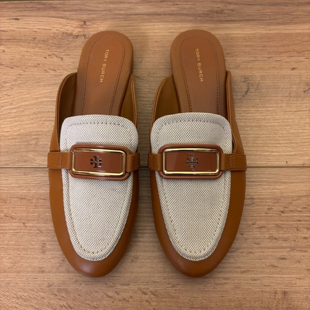 TORY BURCH Georgia Backless Loafer Mule Tan Ivory Women Size 8.5 Leather Woven